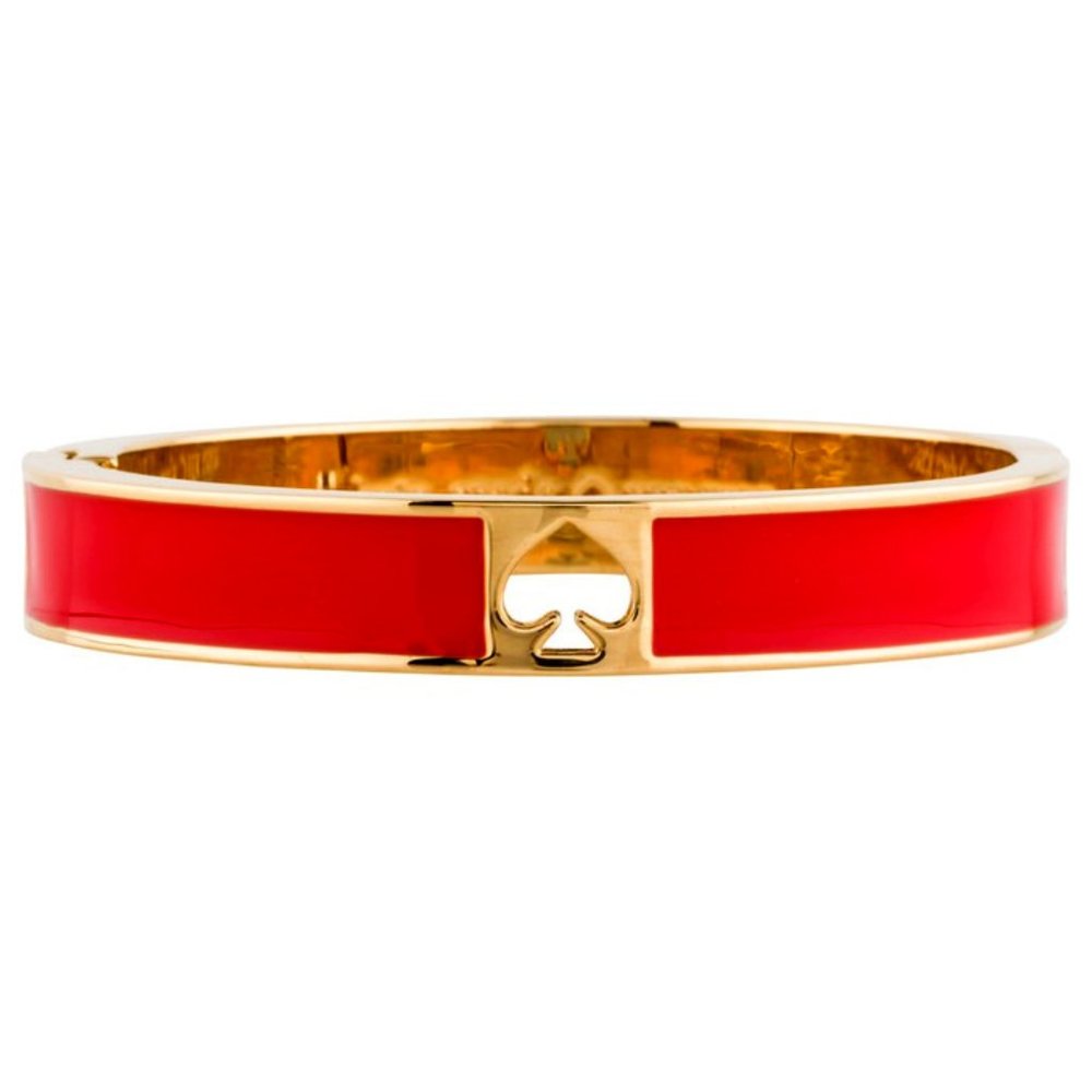 NWT~KATE SPADE~Hole Punch 10mm Bangle 12k Gold-Plated Hinged Bracelet, RED/GOLD